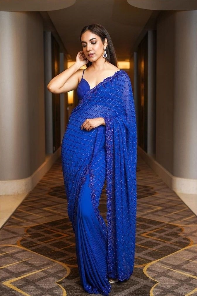 😍😍 Royal Blue suits you a lot dear - Yaseen Pro Makeup Artist Thank you  for buying your satin saree from our... - Sia Designer Indian wedding  Collection- Floreal / Mauritius | Facebook