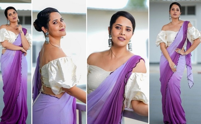 Saree Clad Lady With Shoulder Drop Blouse - Pics