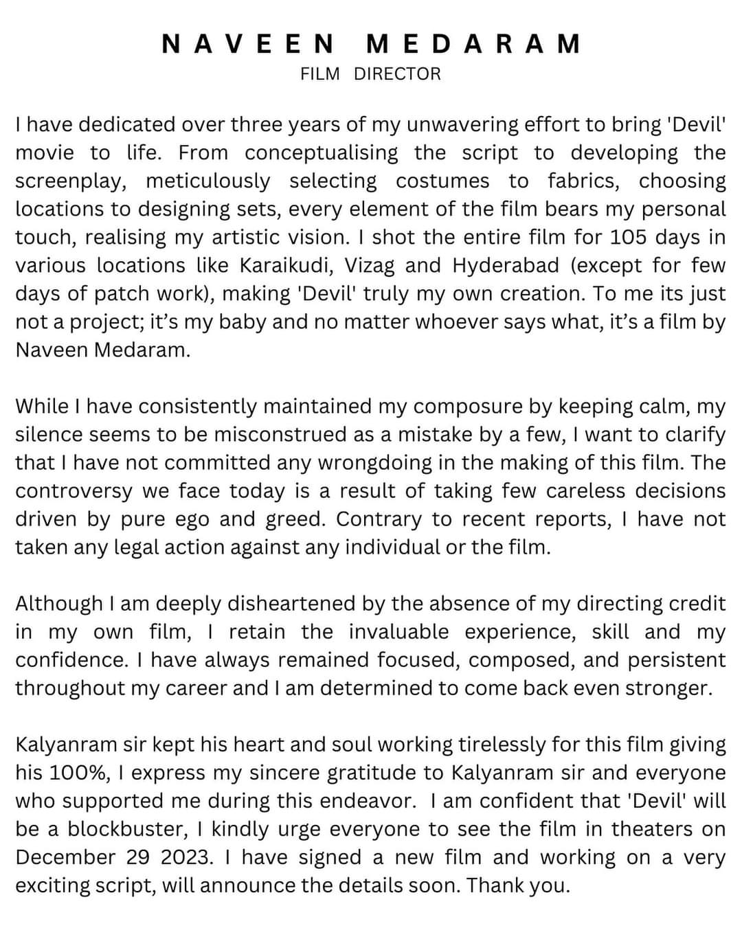 Devil Credits - Naveen Medaram s Open Letter .