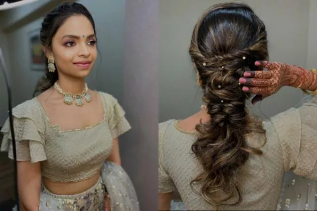 One-side voluminous French braid with flowers | Bridal hair buns, Mehndi  hairstyles, Short wedding hair