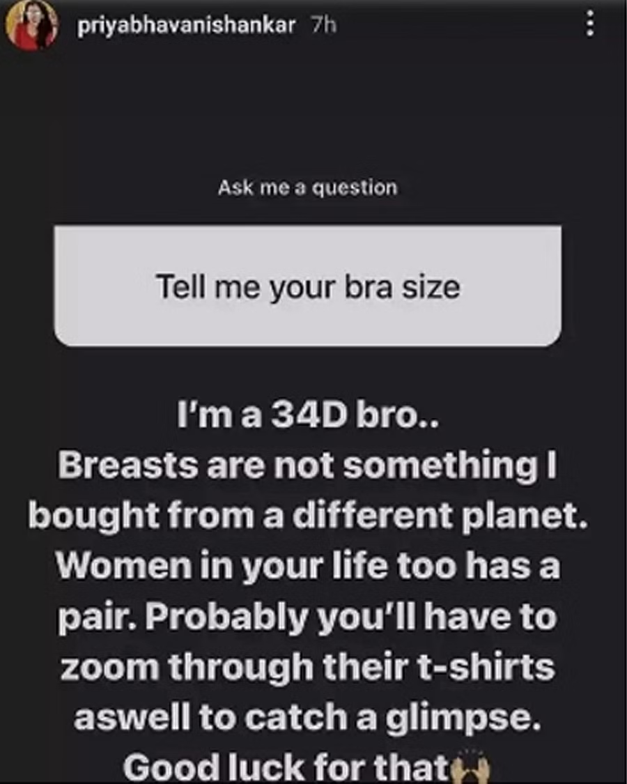 My Bra Size is 34D Want to see my Bra? Priya Bhavani BOLD on Instagram