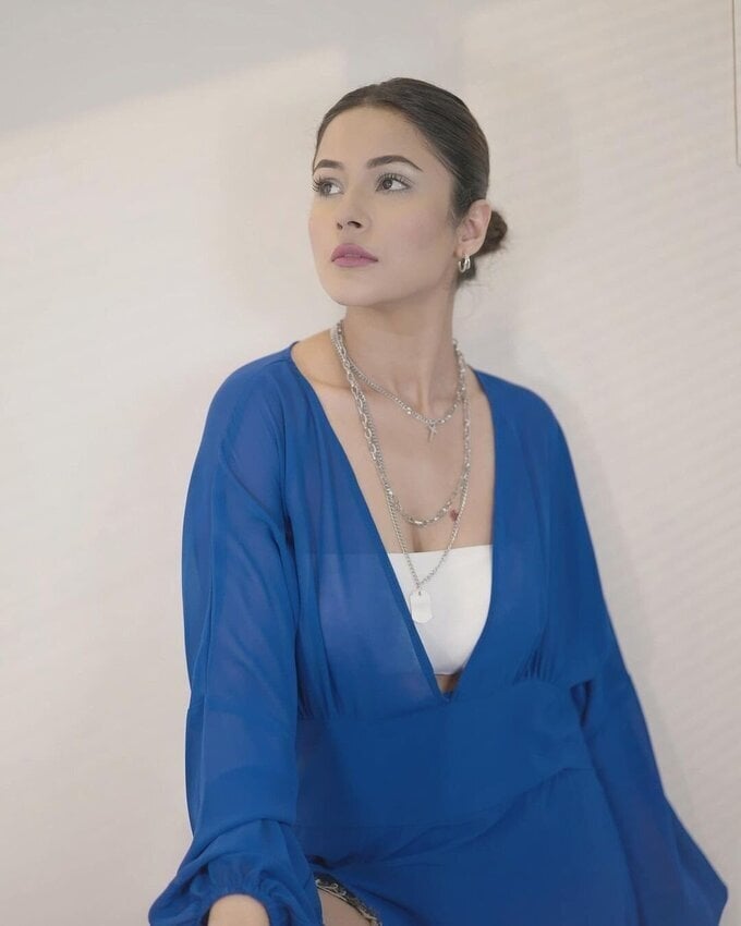 Actress And Model Shehnaaz Kaur Latest Images In Blue Top