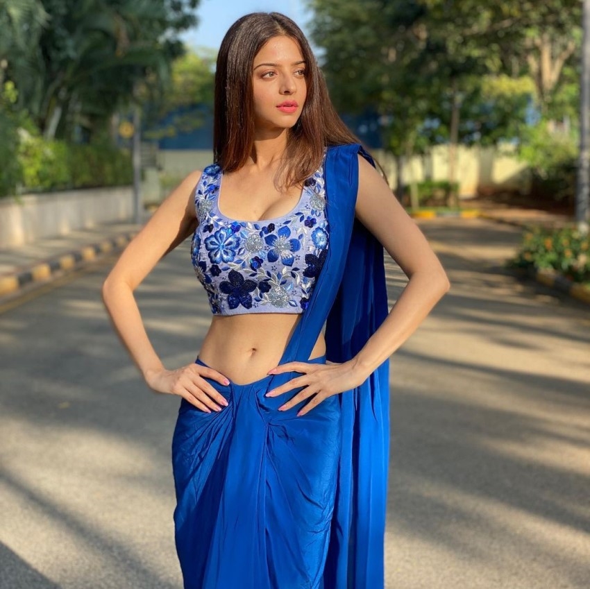 Actress Vedhika Hot Images In Blue Saree