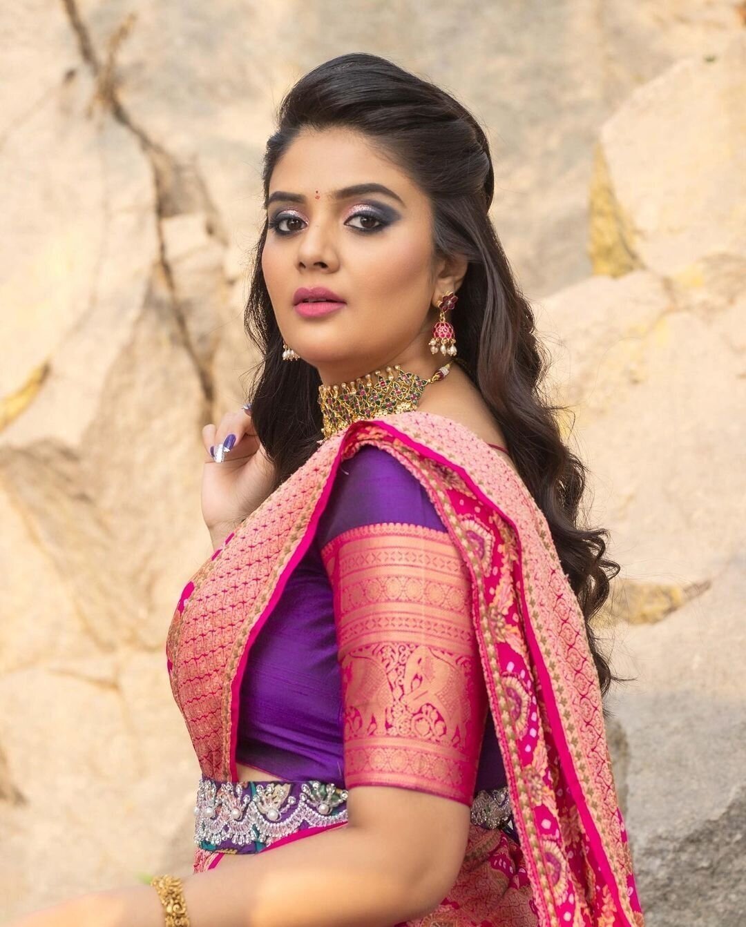 Sreemukhi Amazing New Clicks In Event In Pink Half Saree