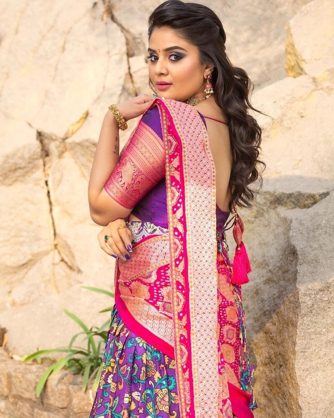 Sreemukhi Amazing New Clicks In Event In Pink Half Saree