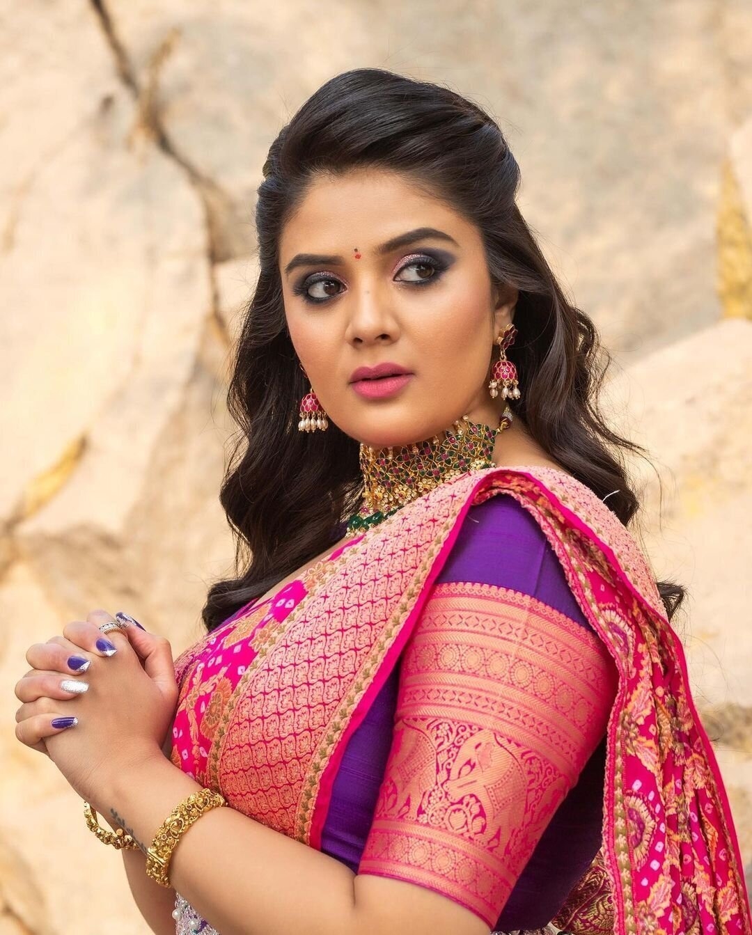 Sreemukhi Amazing New Clicks In Event In Pink Half Saree