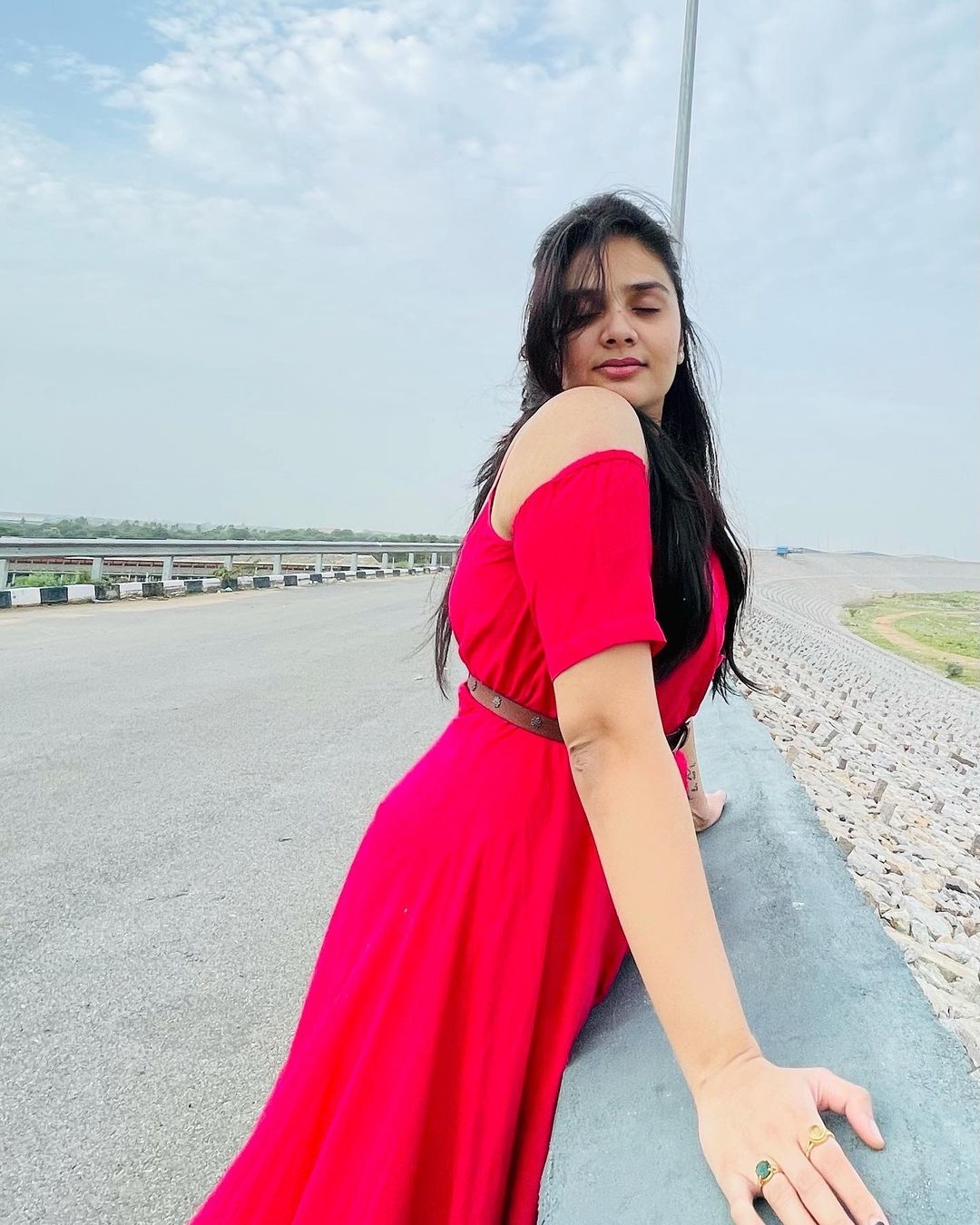 Sreemukhi New Clicks In Red Dress