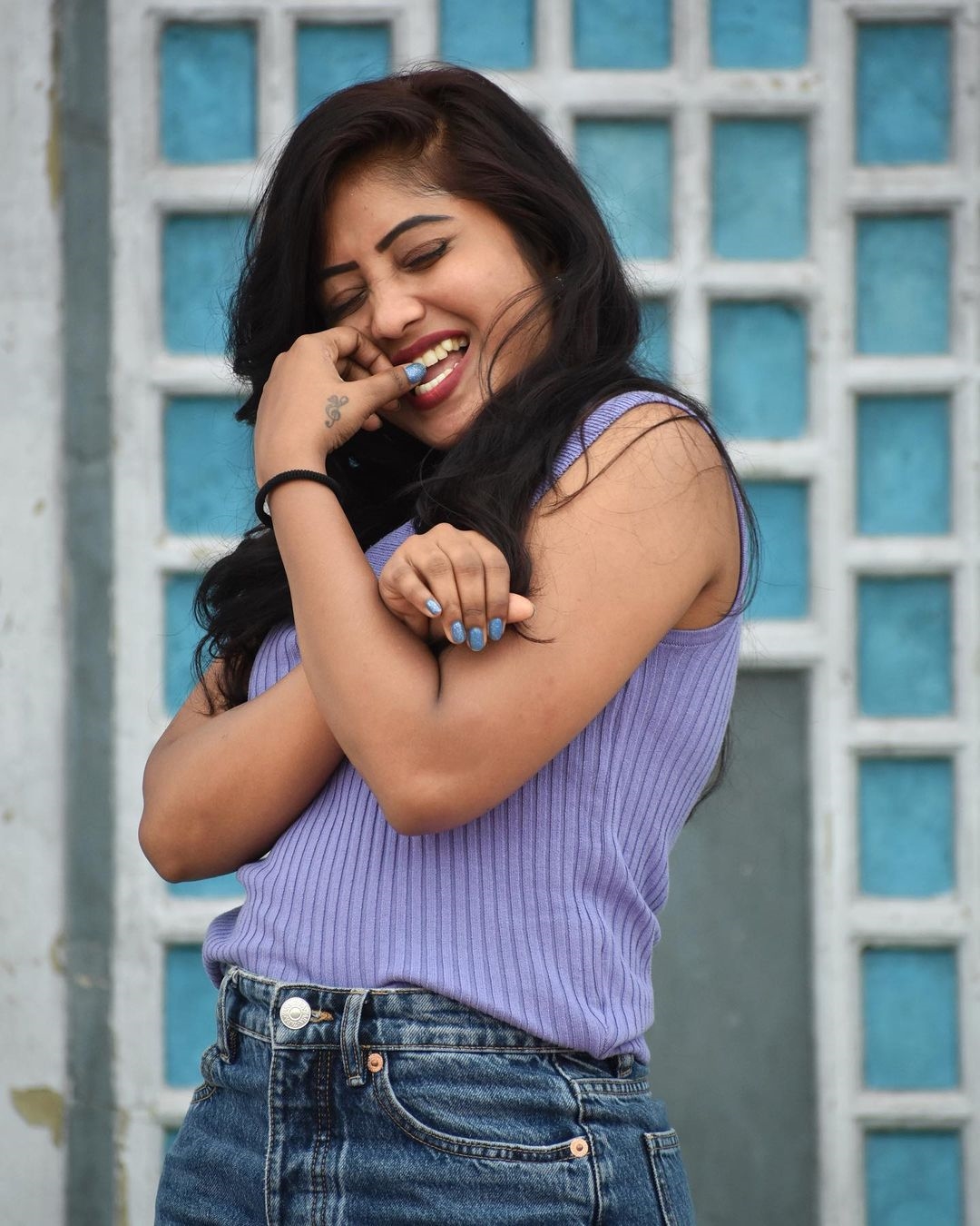 Actress Ravali in a blue sequin saree  Fashionworldhub