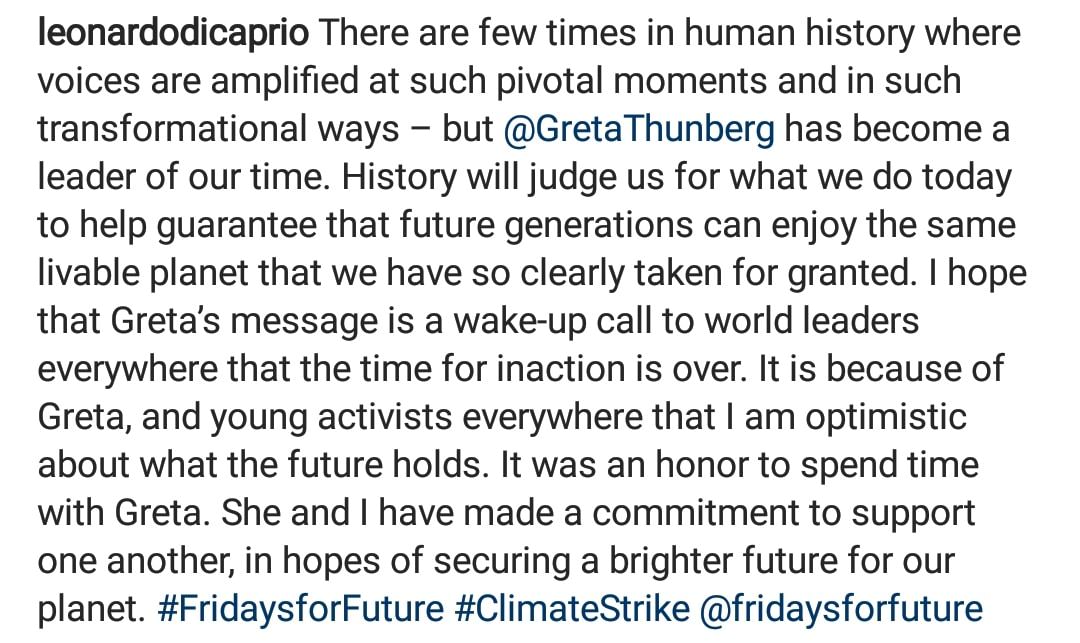 Actor and Environmentalist Leonardo Di Caprio with Environmental activist Greta Thunberg