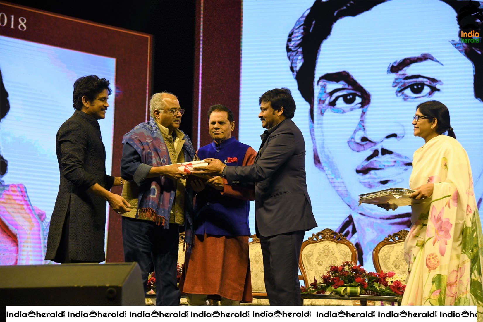 Actor Chiranjeevi and Boney Kapoor receiving ANR Award