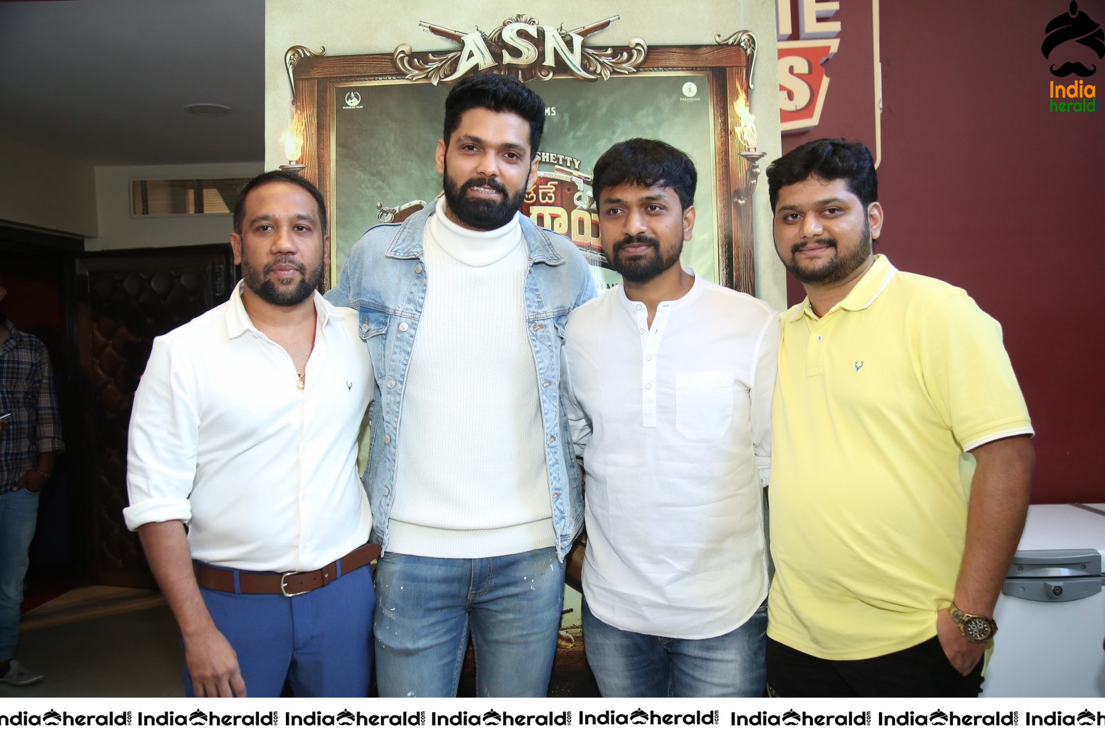 Actor Rakshit Shetty seen with the crew of Avane Srimannarayana Set 2