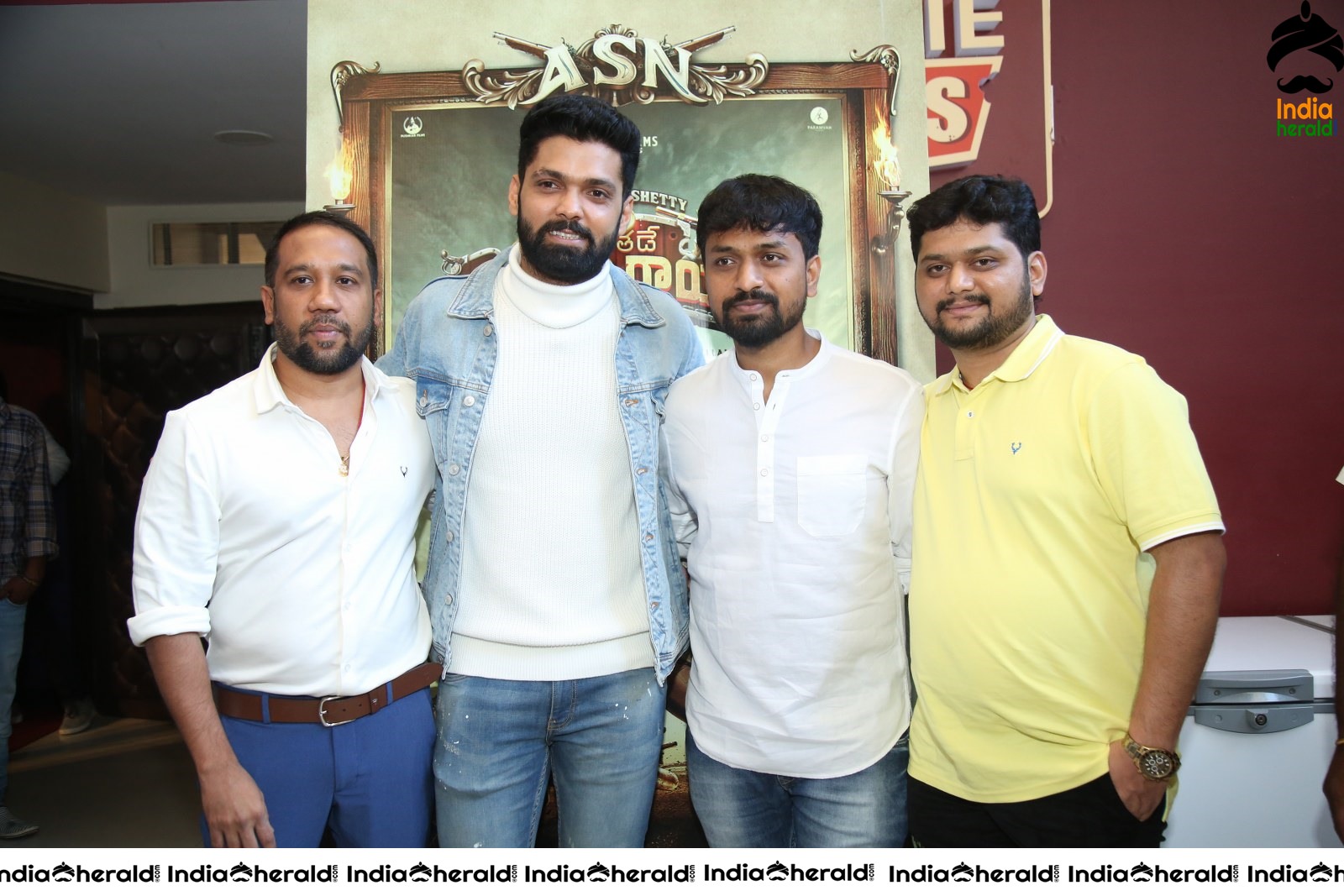 Actor Rakshit Shetty seen with the crew of Avane Srimannarayana Set 2