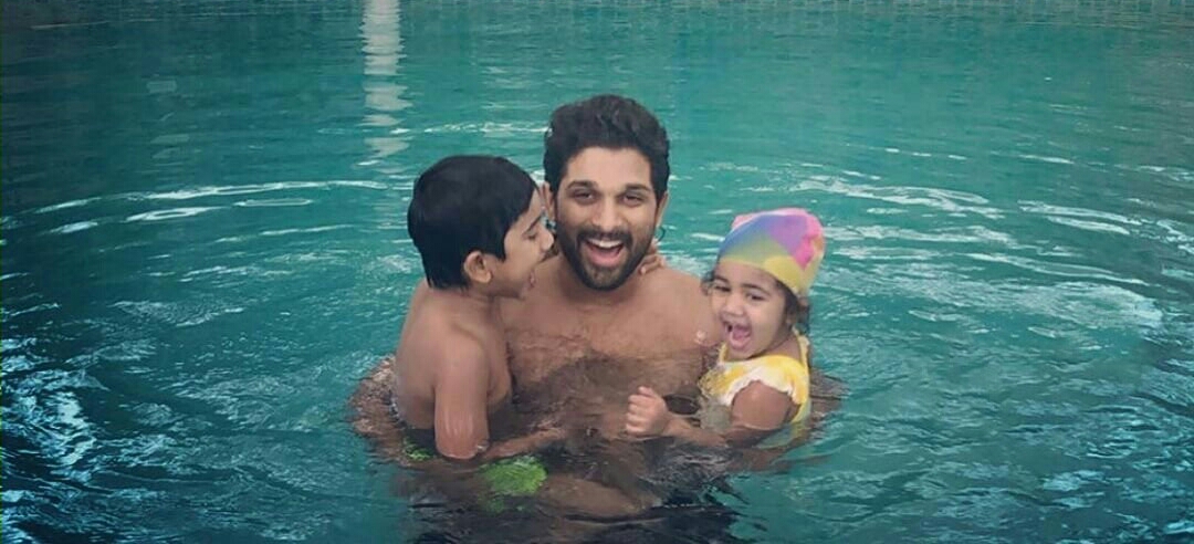 Allu Arjun Father Day Stills With Kids In A Pool