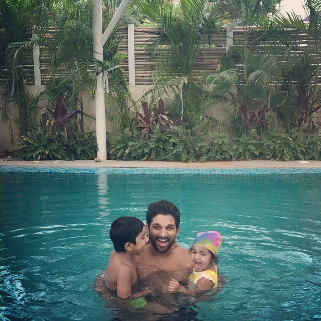 Allu Arjun Father Day Stills With Kids In A Pool