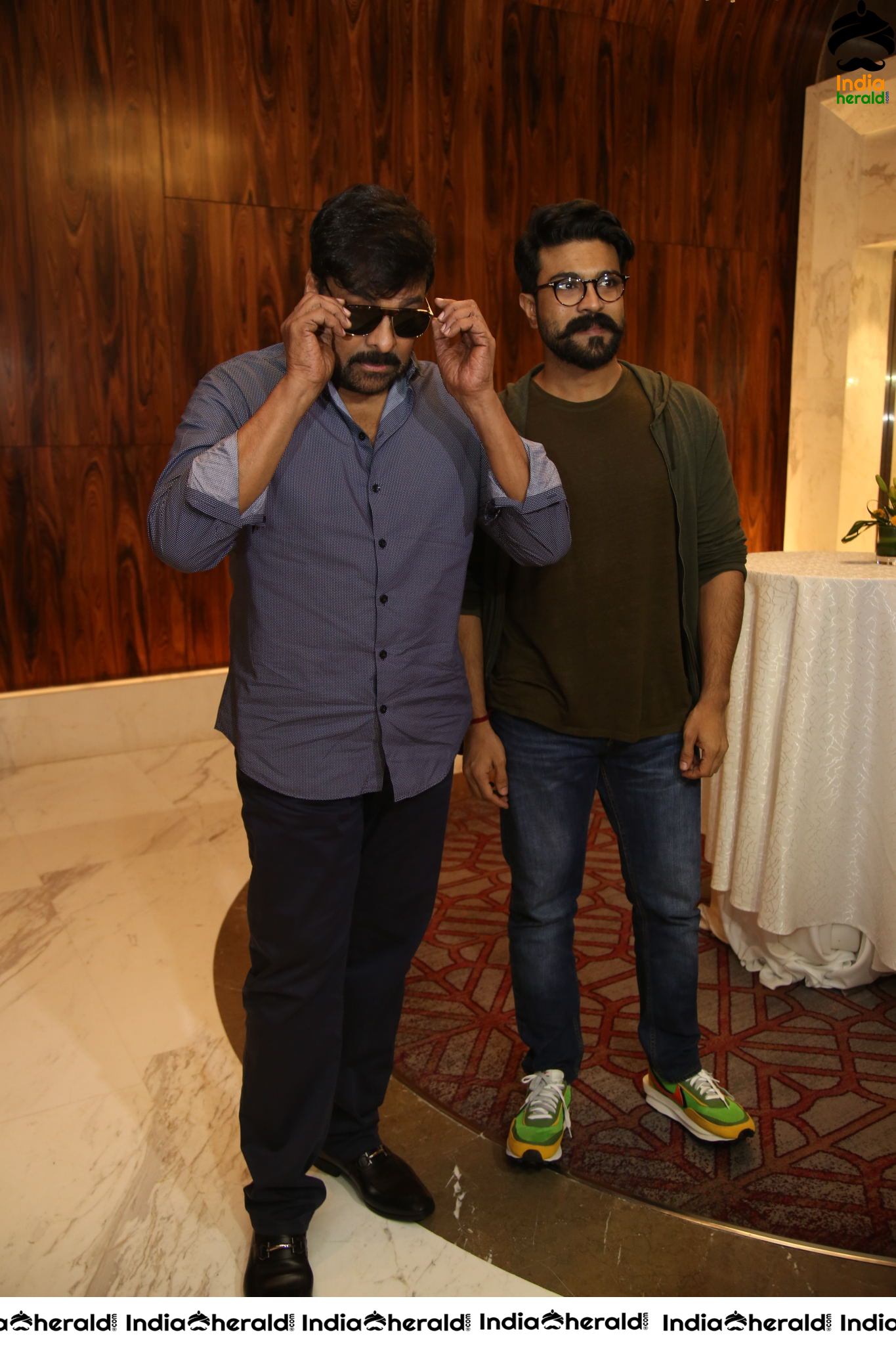 Mega Star Chiranjeevi and Ram Charan at Sye Raa Success Meet Set 2