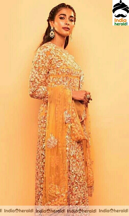 Actress Pooja Hegde Stills Looking Like A Sunflower In Manish Malhotra