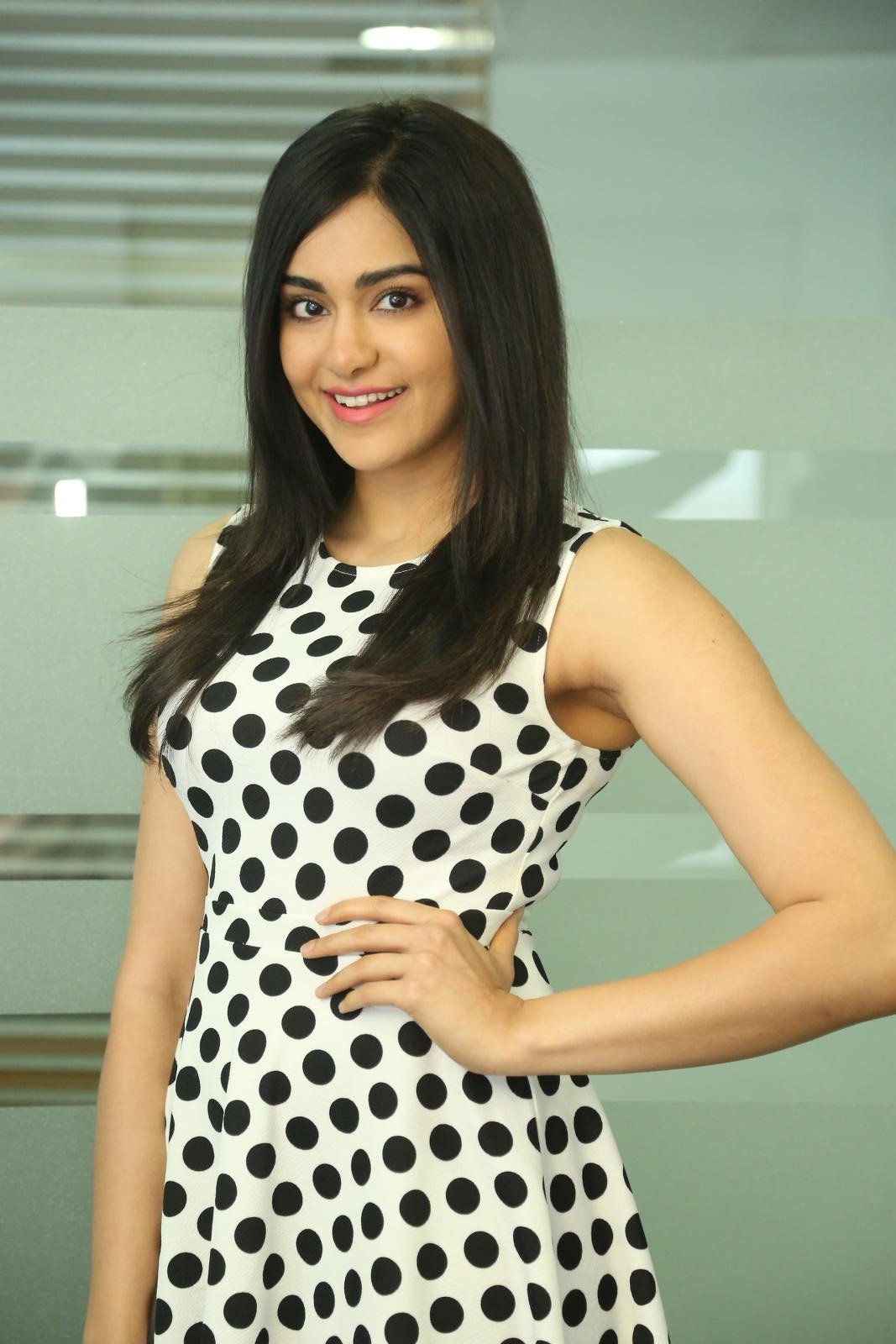 Adah Sharma Hot In Sleveeless Thigh Revealing Polka Dots Frock Set 1