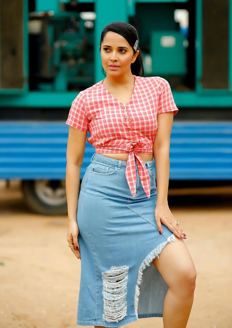 Anasuya Bharadwaj Red Checked Shirt Photos
