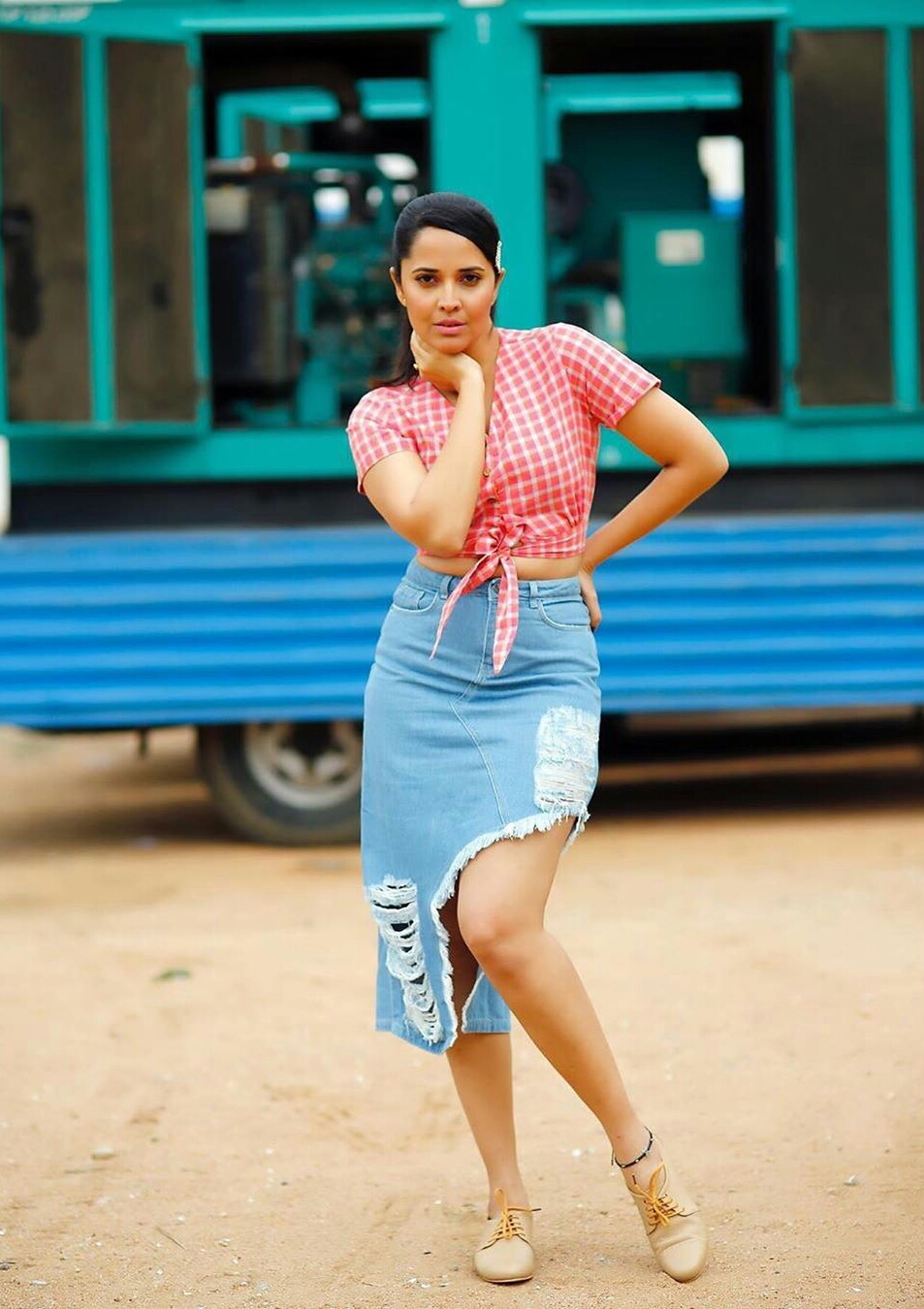 Anasuya Bharadwaj Red Checked Shirt Photos