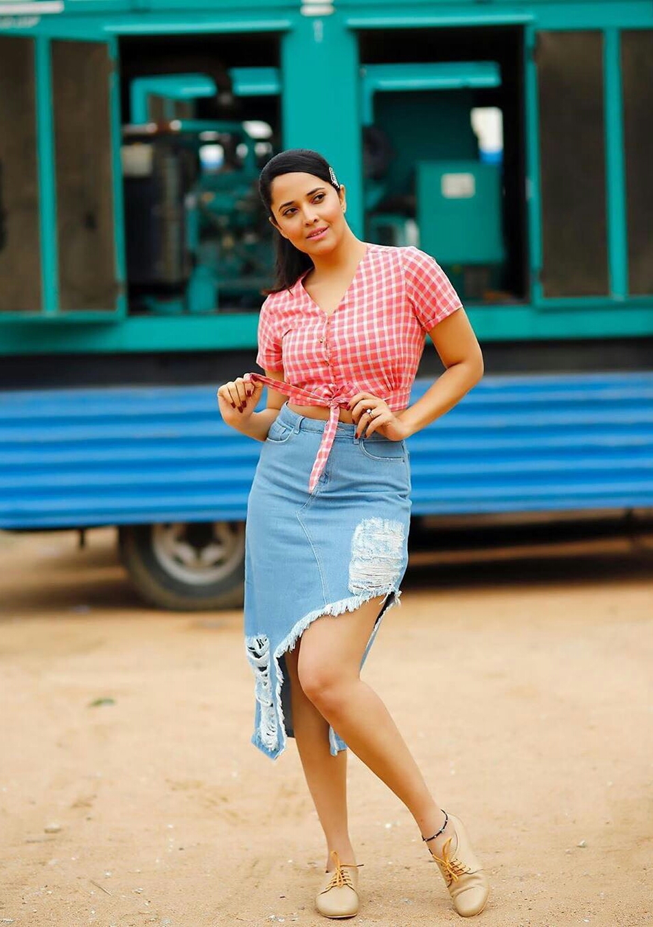 Anasuya Bharadwaj Red Checked Shirt Photos