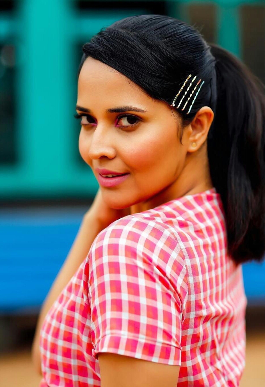 Anasuya Bharadwaj Red Checked Shirt Photos