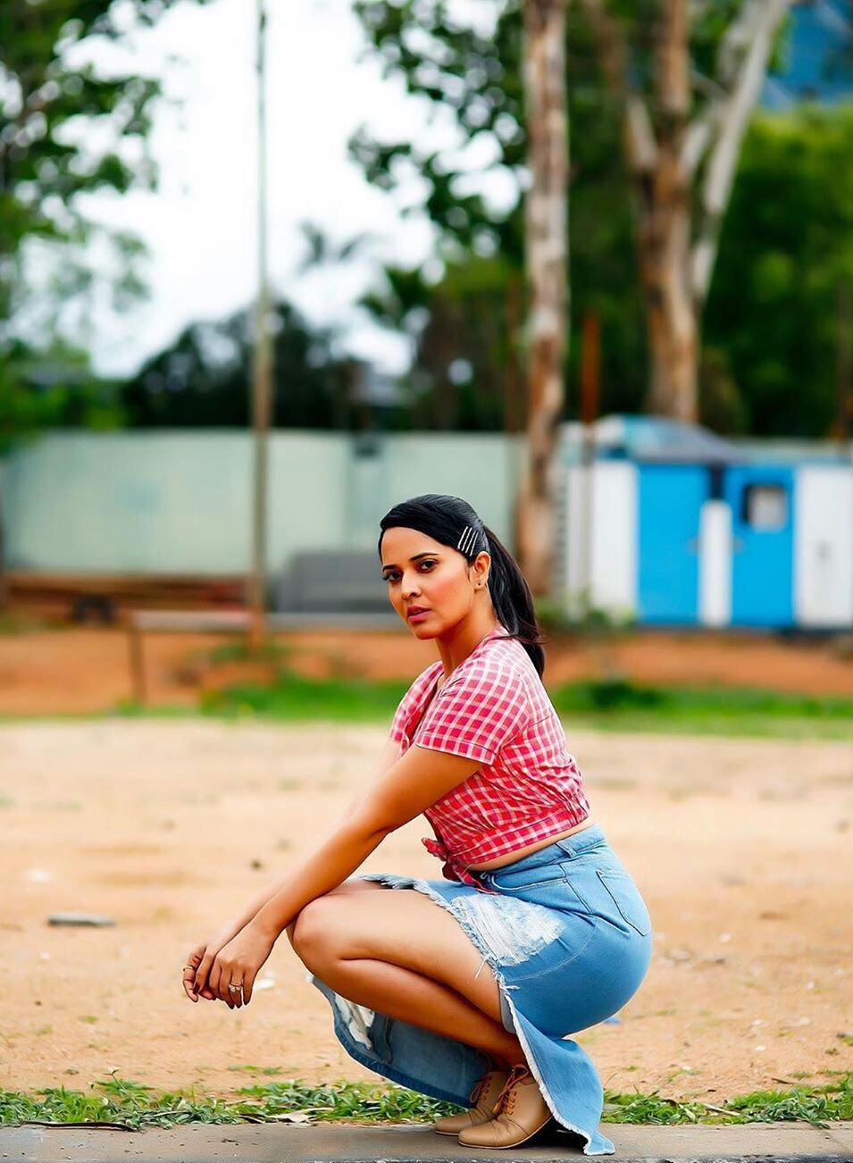 Anasuya Bharadwaj Red Checked Shirt Photos