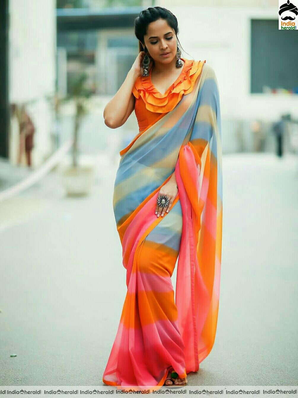 Anasuya Hot Orange Saree Stills