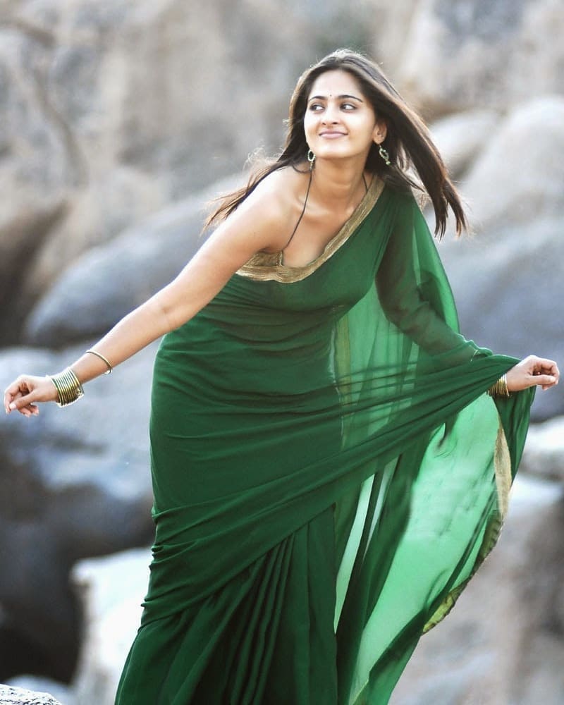 Anushka Seducing In A Green Transparent Saree