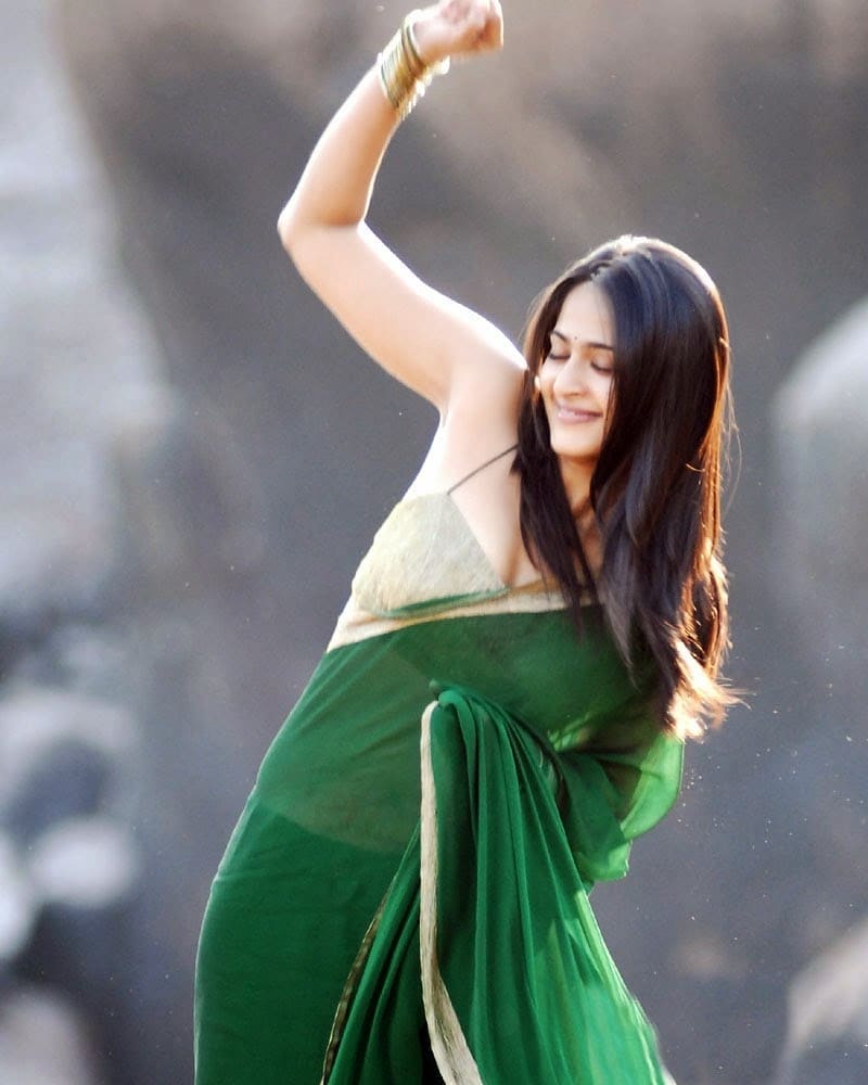 Anushka Seducing In A Green Transparent Saree