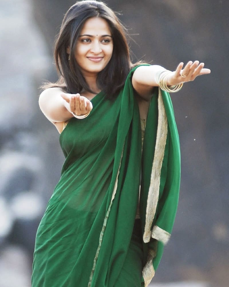 Anushka Seducing In A Green Transparent Saree