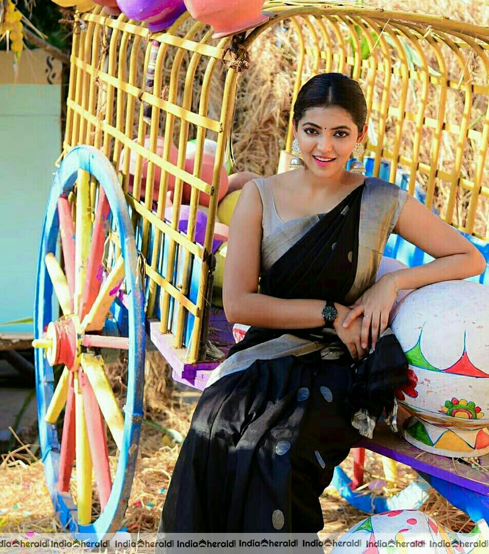 Athulya Cute Black Traditional Saree And Sleeveless Blouse Stills