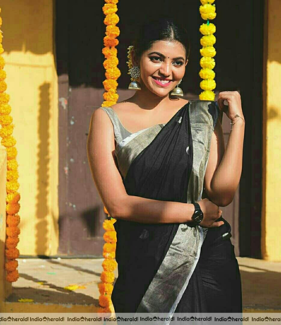 Athulya Cute Black Traditional Saree And Sleeveless Blouse Stills