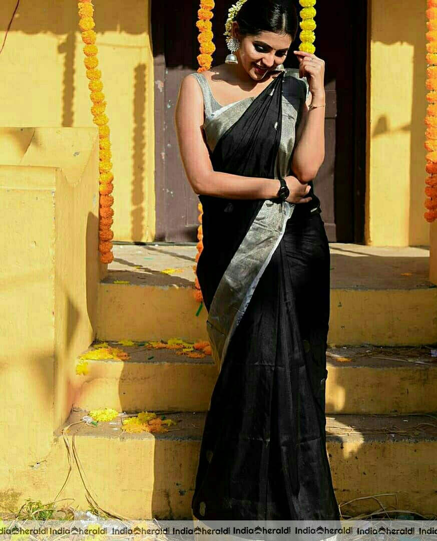 Athulya Cute Black Traditional Saree And Sleeveless Blouse Stills
