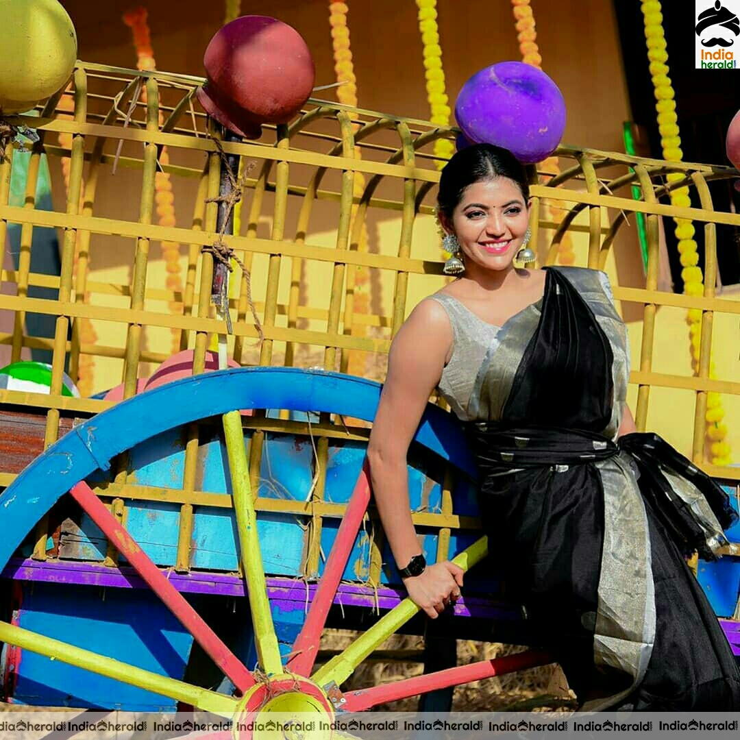 Athulya Cute Black Traditional Saree And Sleeveless Blouse Stills