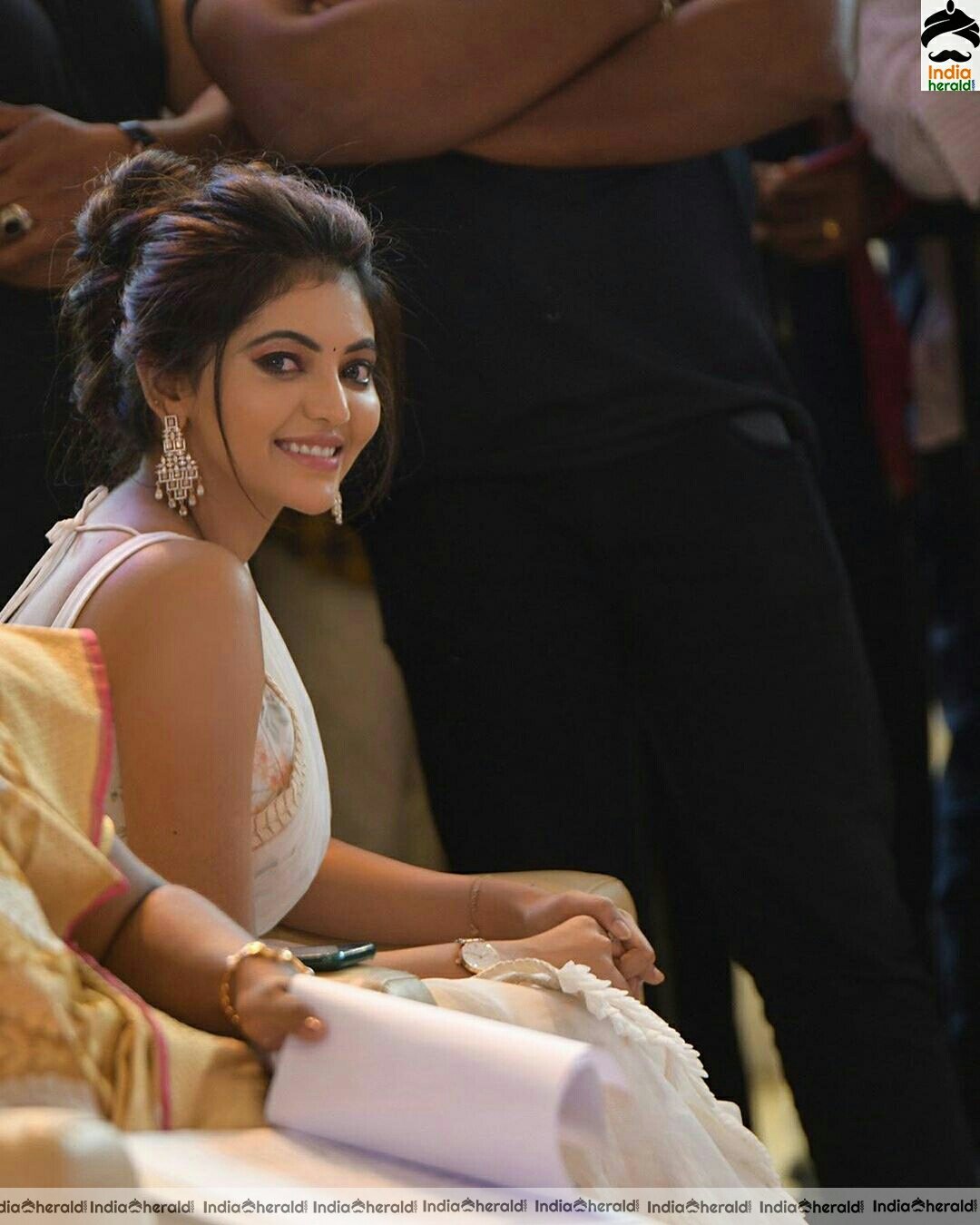 Athulya Cute Sleeveless Blouse white Saree Stills