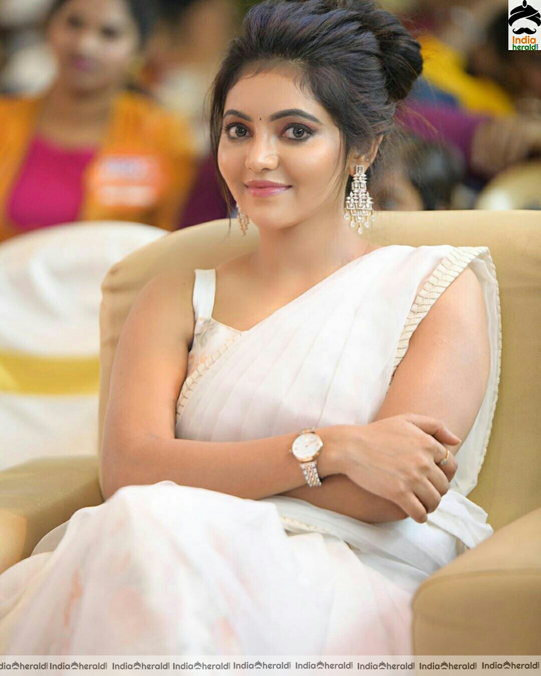 Athulya Cute Sleeveless Blouse white Saree Stills