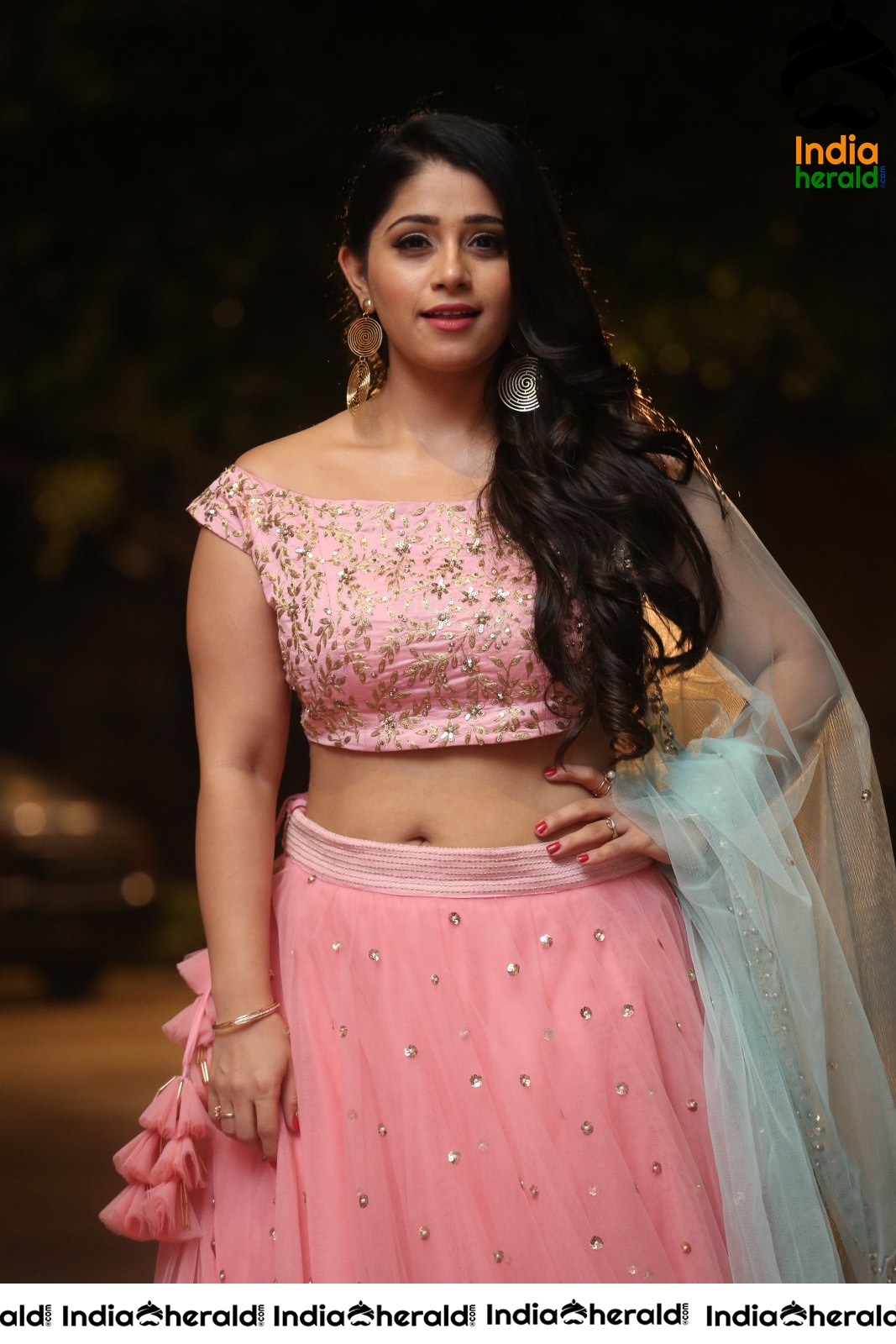 Chandni Bhagwanani Exposing her Waistline and Navel in Pink Attire Set 1