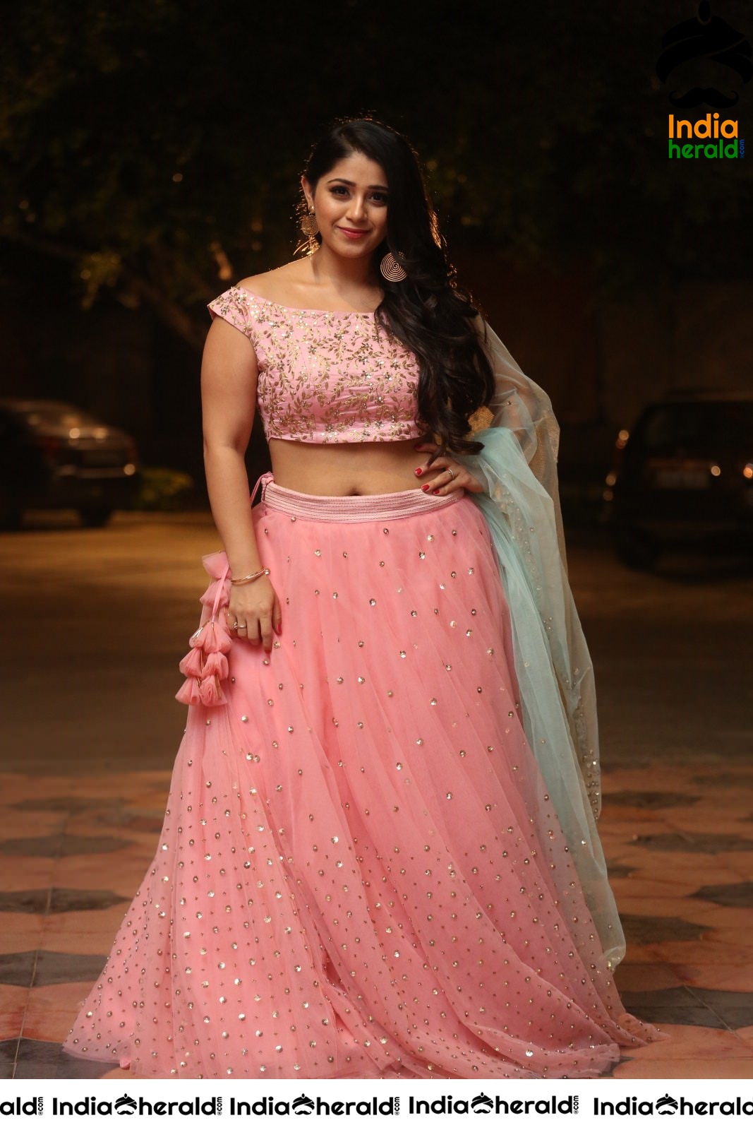 Chandni Bhagwanani Exposing her Waistline and Navel in Pink Attire Set 1