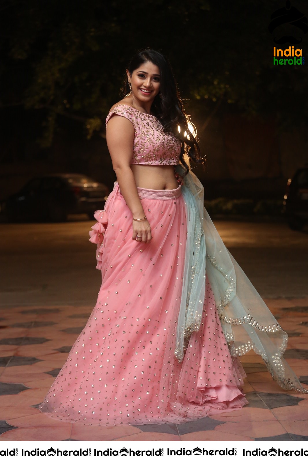 Chandni Bhagwanani Exposing her Waistline and Navel in Pink Attire Set 1
