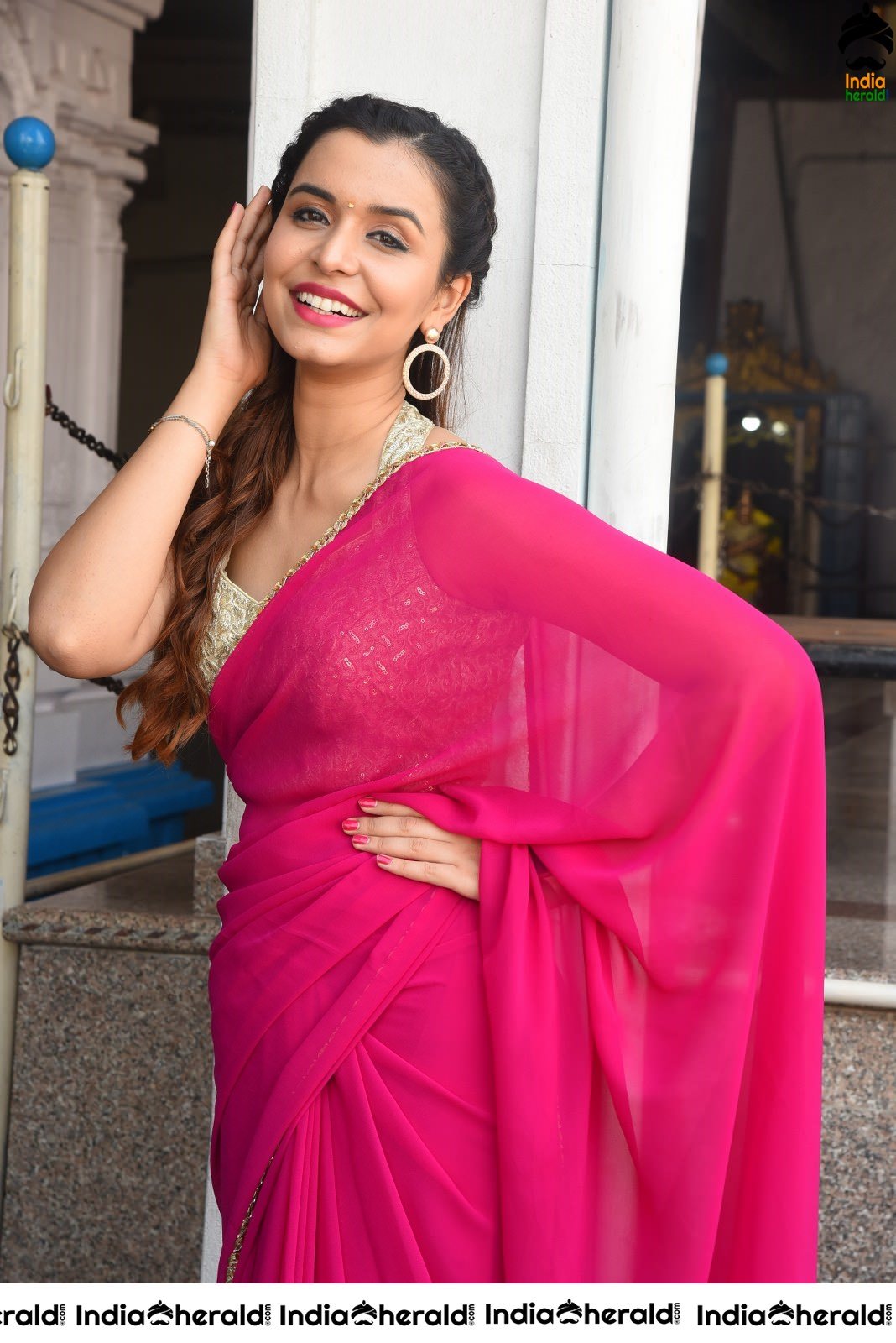 Chitranshi Dhyani Hot Stills in Pink Saree Set 1