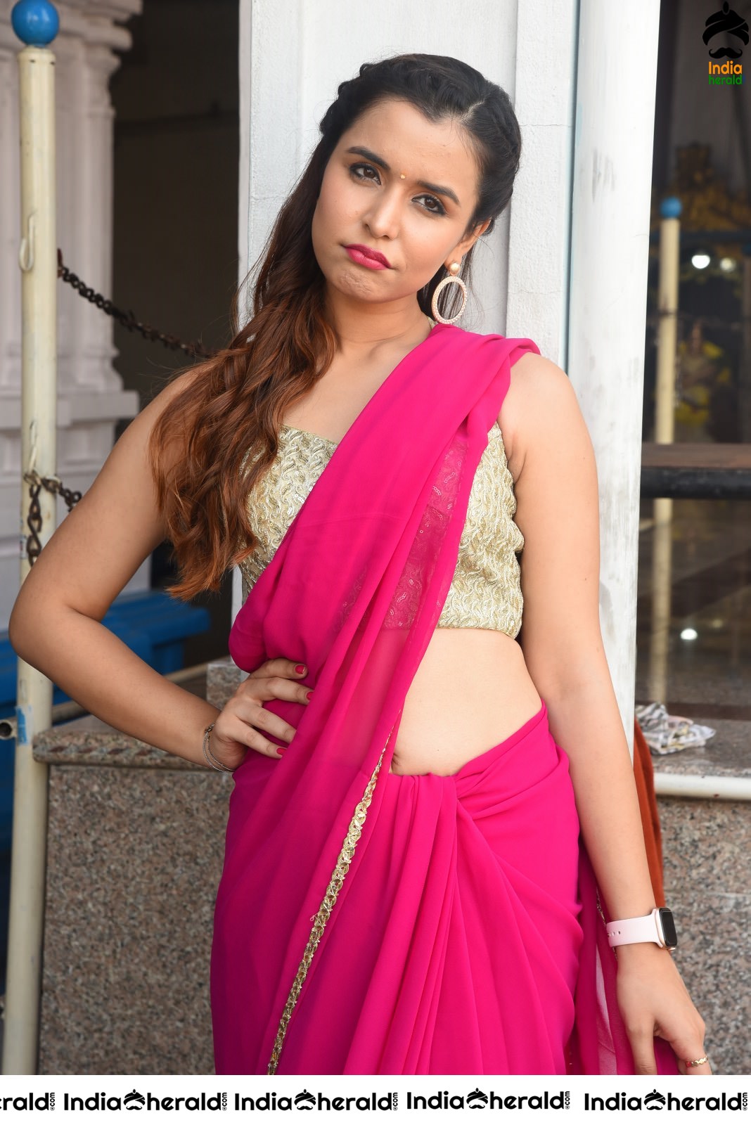 Chitranshi Dhyani Hot Stills in Pink Saree Set 1