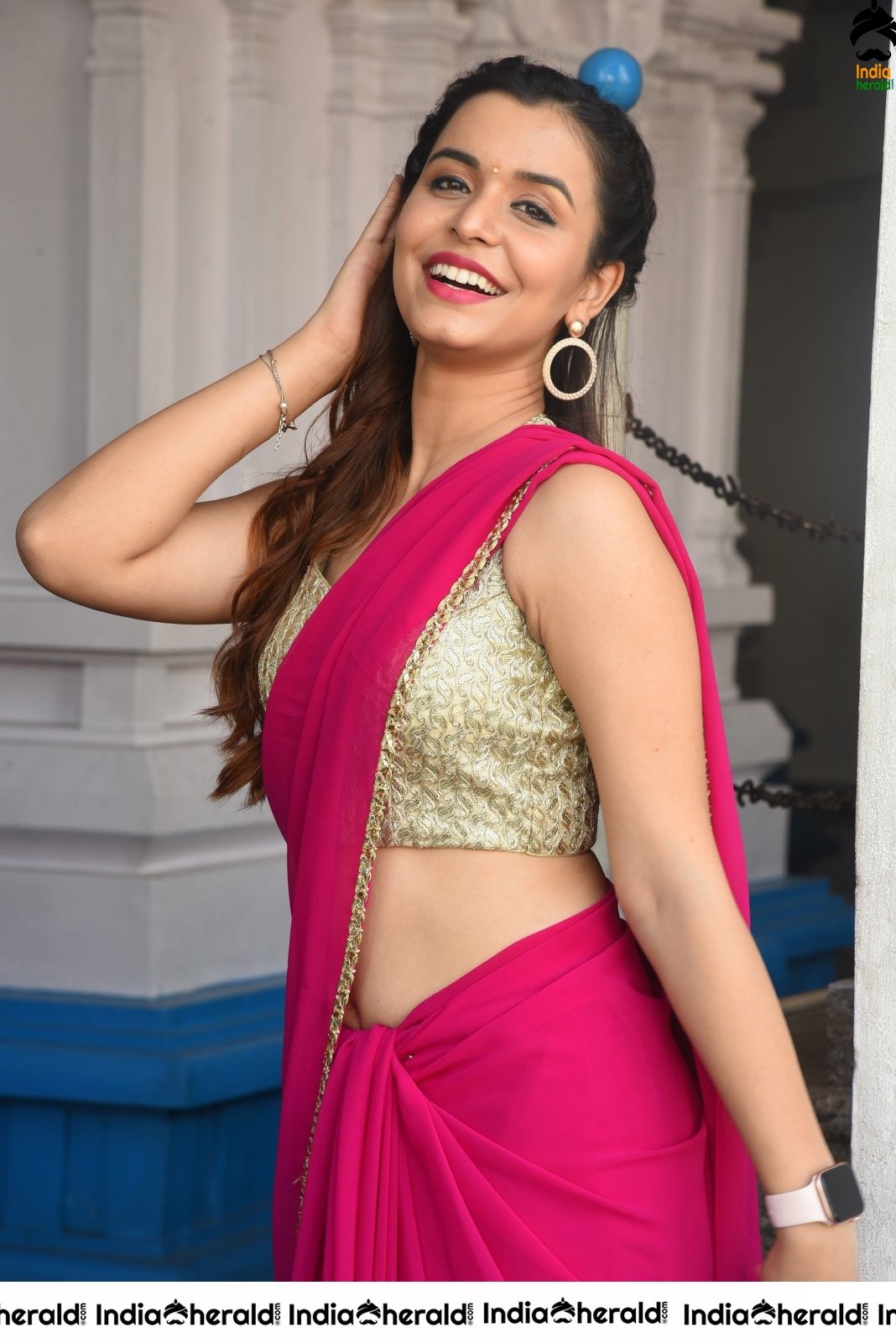 Chritranshi Dhyani Hot Hip Show in Pink Saree Set 2