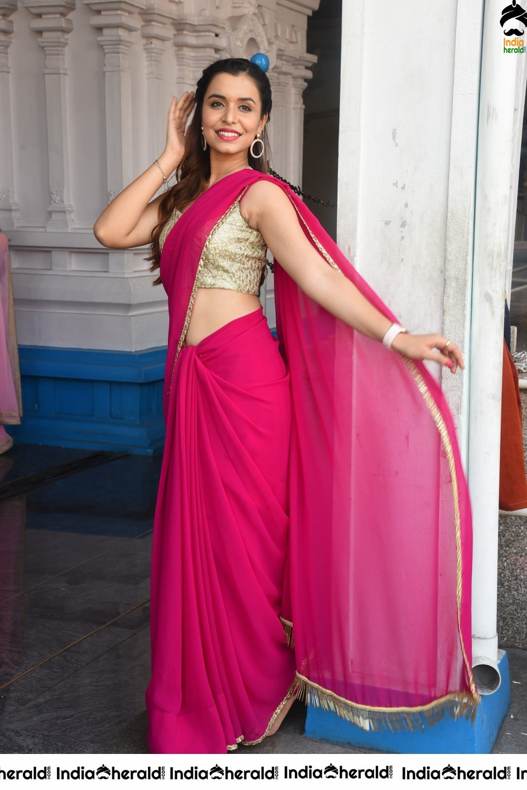 Chritranshi Dhyani Hot Hip Show in Pink Saree Set 2