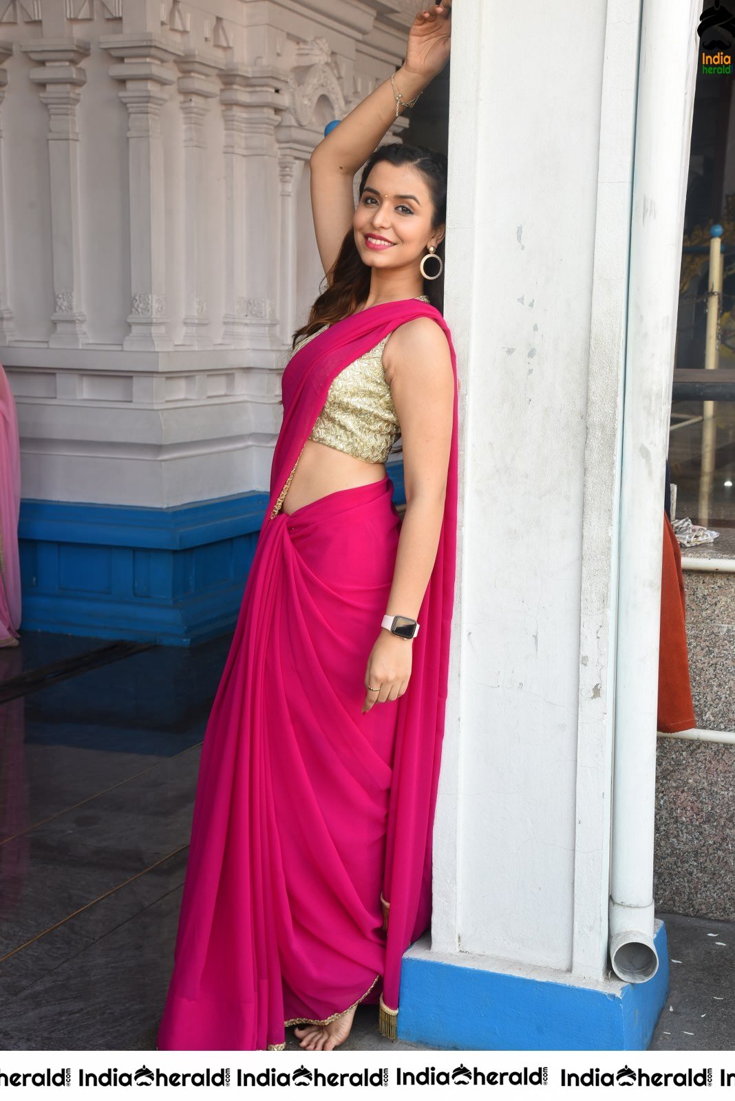 Chritranshi Dhyani Hot Hip Show in Pink Saree Set 2