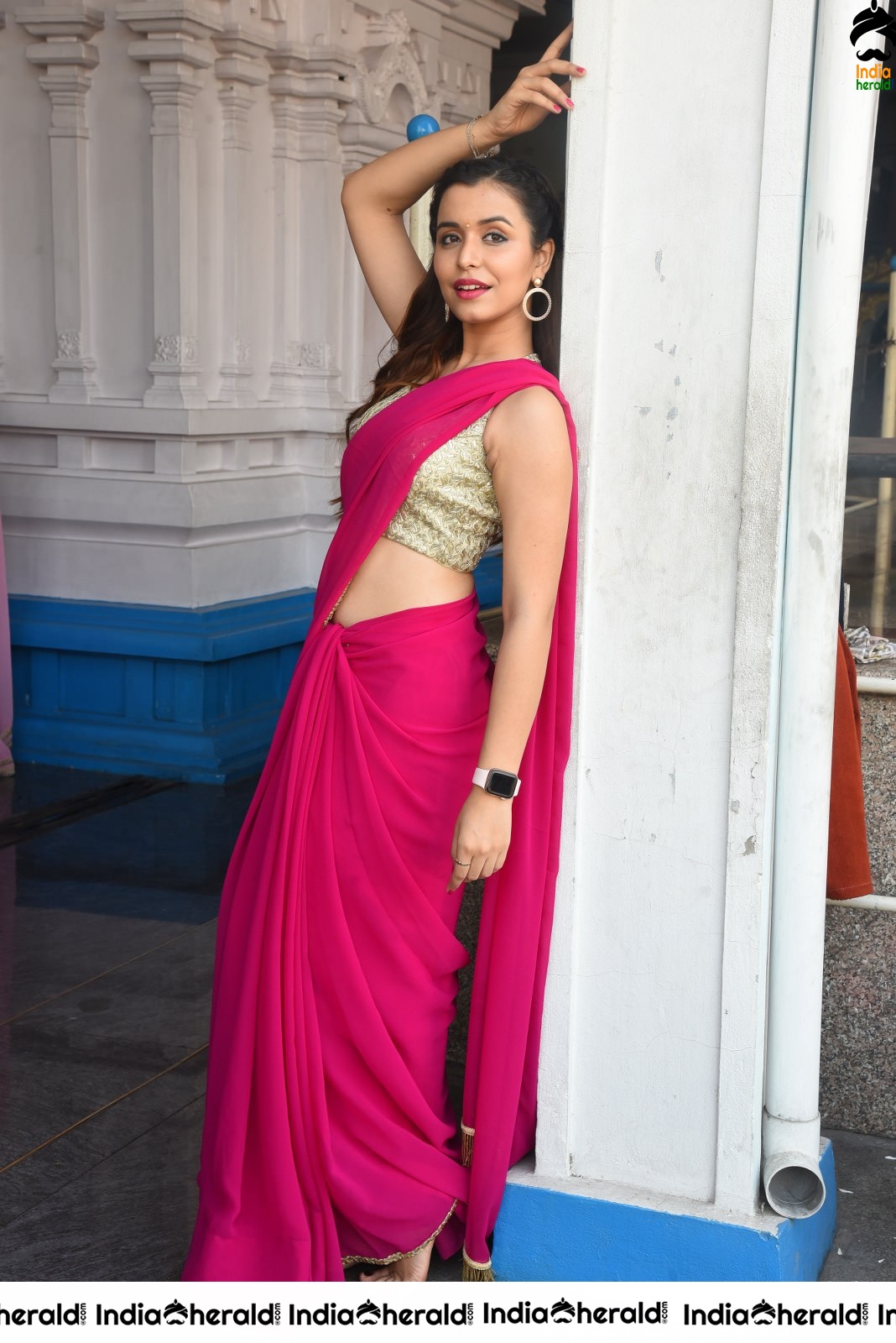 Chritranshi Dhyani Hot Hip Show in Pink Saree Set 2