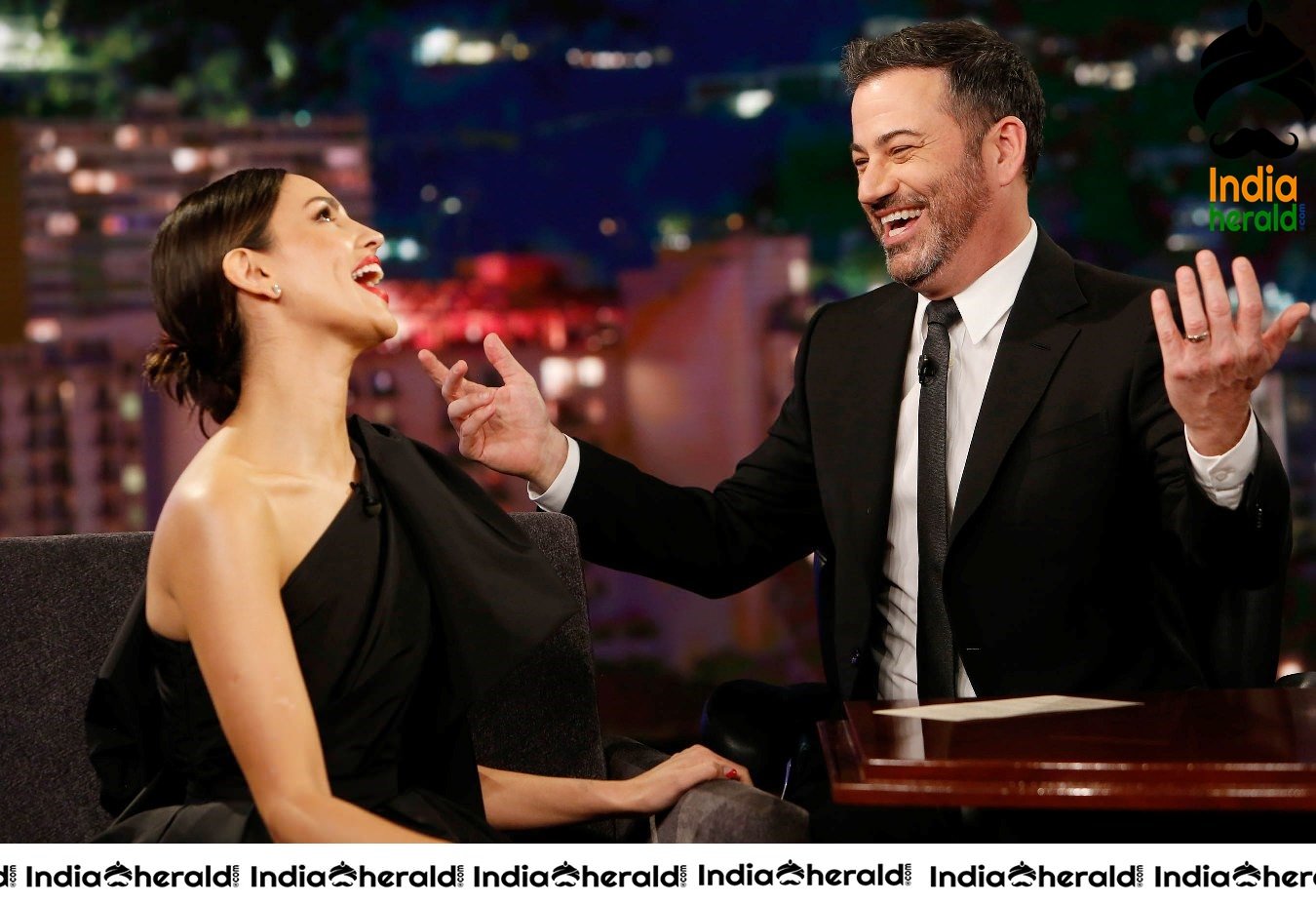 Eiza Gonzalez hot Cleavage Show in unbuttoned shirt during Jimmy Kimmel Live in Hollywood