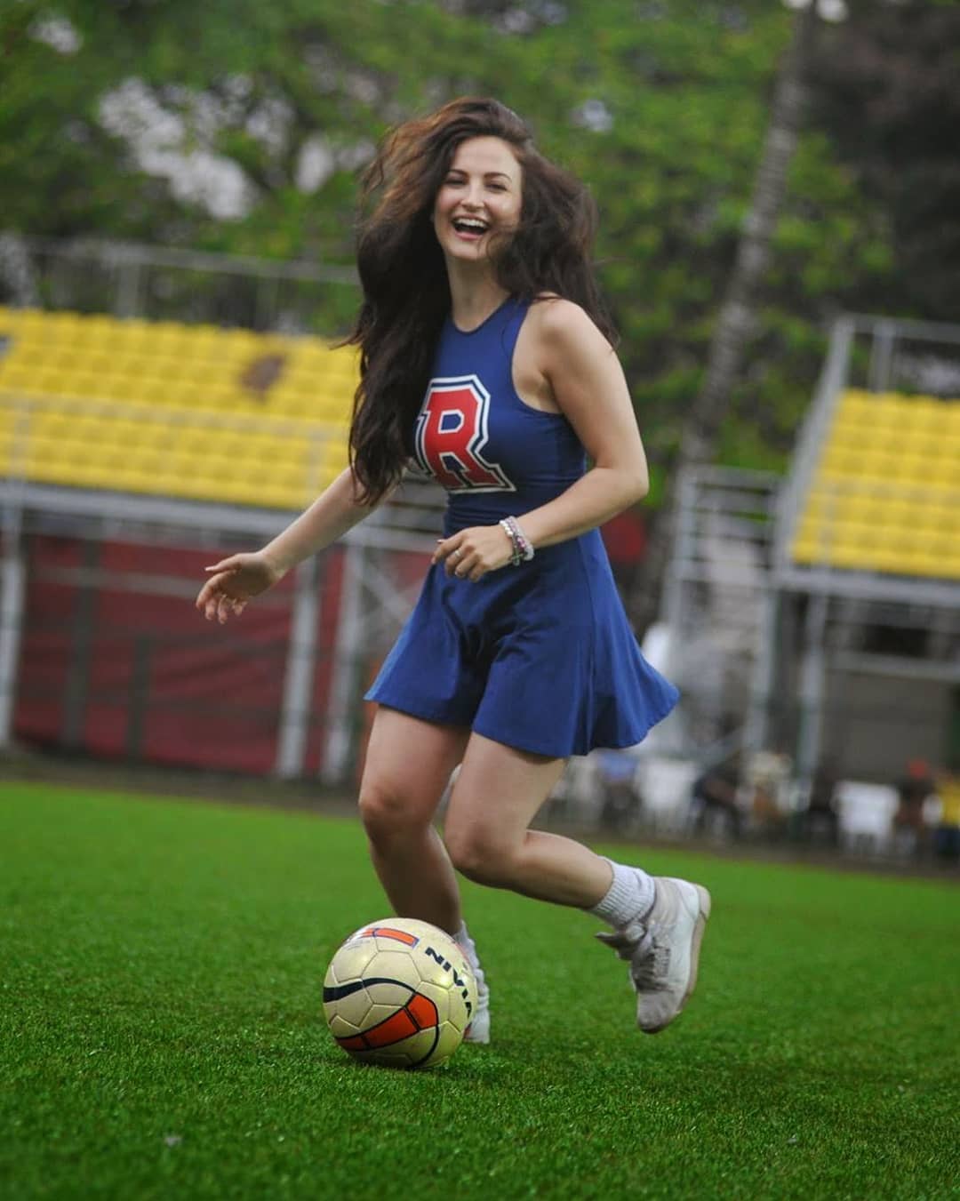 Elli Avram Looks Super Sexy In A Blue Cheerleader Dress