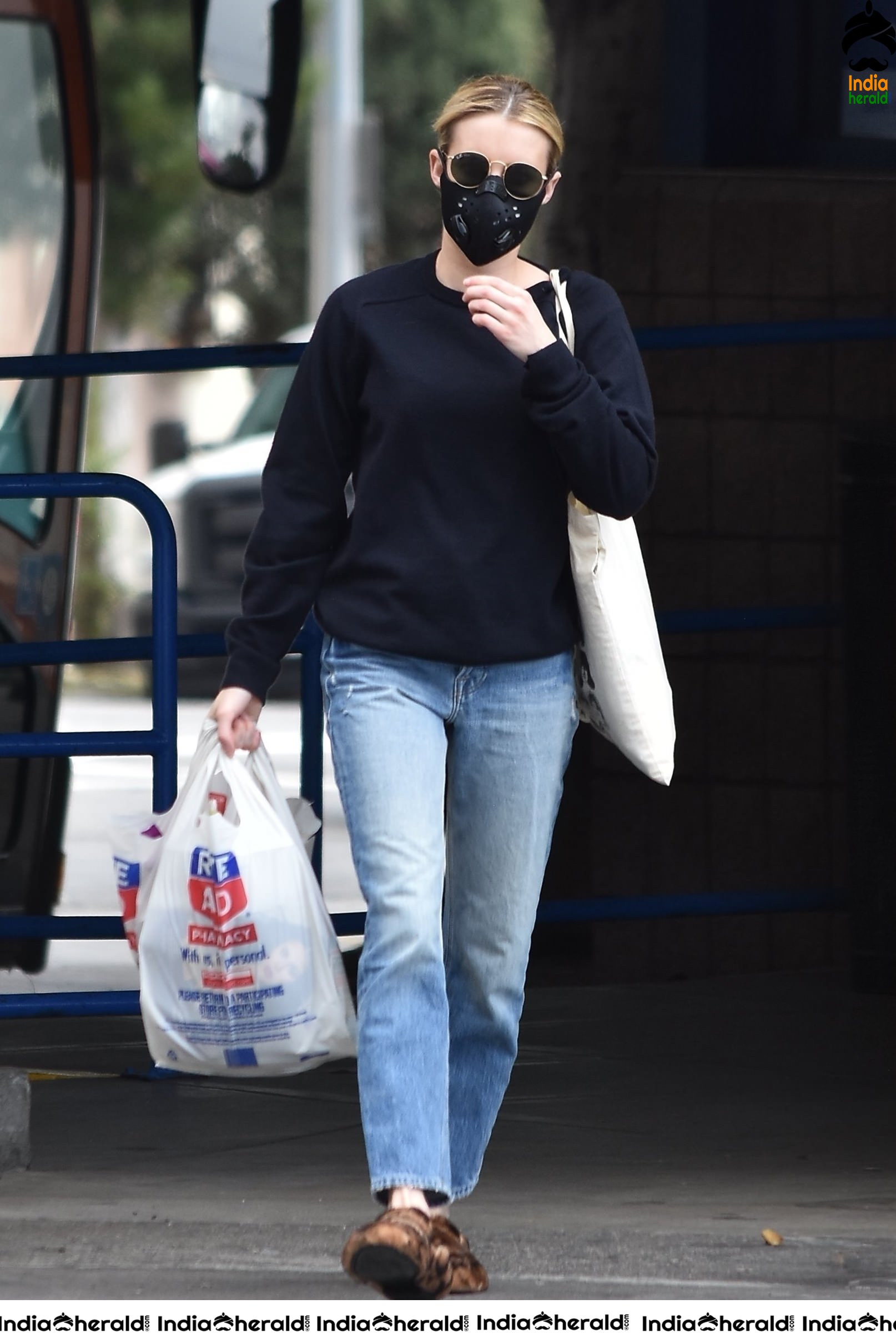 Emma Roberts wearing maks and seen outside Rite Aid in Los Feliz