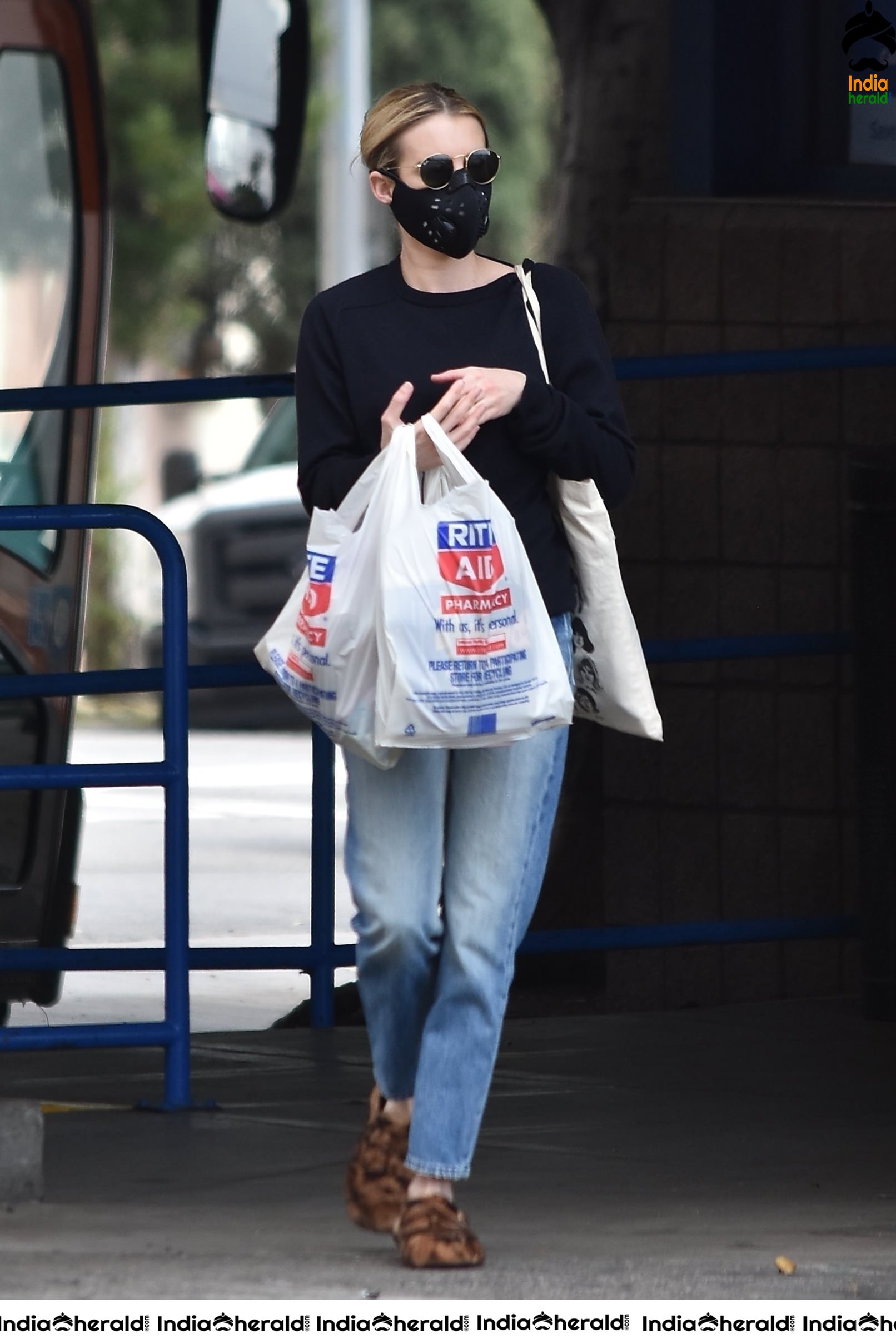 Emma Roberts wearing maks and seen outside Rite Aid in Los Feliz