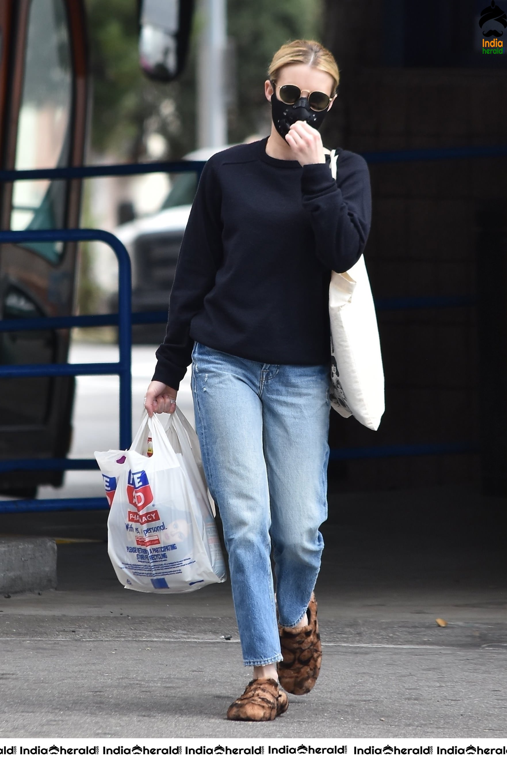 Emma Roberts wearing maks and seen outside Rite Aid in Los Feliz
